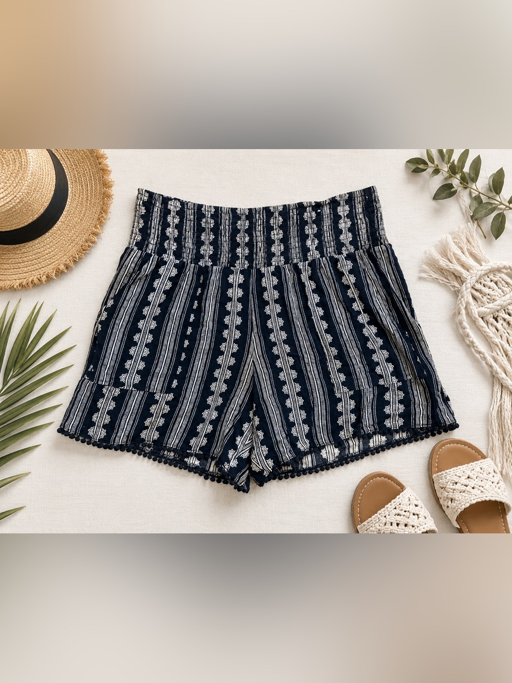 Women’s Navy Blue Patterned Smocked Waist Shorts